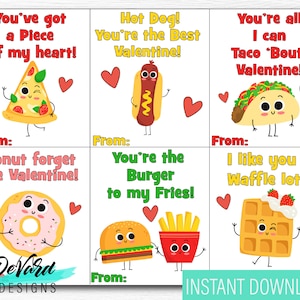 Tarjetas divertidas de comida para San Valentín (juego de 6) - Actividad escolar para el aula - Tarjetas para repartir pizza, perrito caliente, hamburguesa y taco