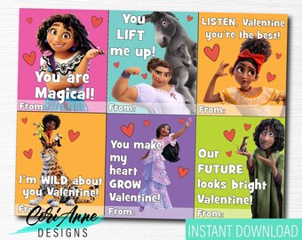 May include: Set of ten printable Valentine's Day cards featuring characters from the animated film "Encanto". Each card has a different message and image. The cards are pink, purple, green, and yellow.