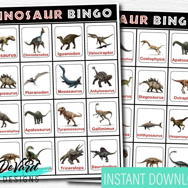 Dinosaur Bingo Game- Set of 15 Cards + Call Cards - Jurassic Dino Birthday Party- T-Rex Prehistoric Party Activity