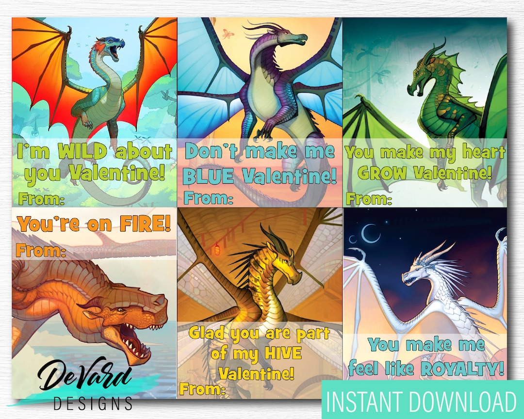 Dragon Valentines Cards set of 6 Cards Classroom School Activity Wings Fire Dragon Pass Out