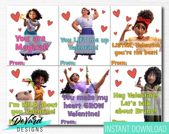 May include: Six printable Valentine's Day cards featuring characters from the animated film Encanto. Each card has a different character and message. The messages include "You are Magical!" "You Lift Me Up Valentine!" "Listen, Valentine you're the best!" "I'm Wild About You Valentine!" "You Make My Heart Grow Valentine!" and "Hey Valentine! Let's Talk About Bruno!"
