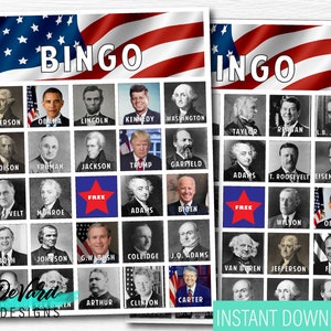 Jogo de bingo dos presidentes dos Estados Unidos da América - conjunto de 15 cartas + cartões de chamada - escola primária - escola em casa - atividade de aprender os presidentes