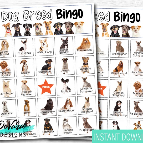 Dog Breed Bingo Game- Set of 15 Cards + Call Cards - Kids Birthday Party- Canine, Puppy, Animal Lover Party Activity