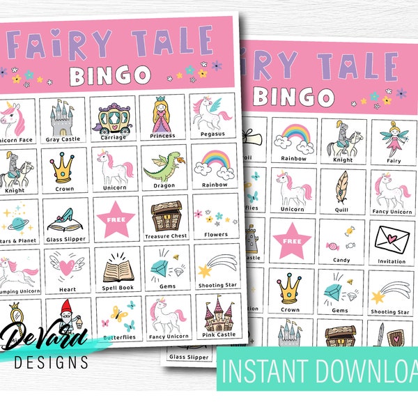 Fairy Tale Bingo Game- Set of 15 Cards + Call Cards - Unicorns, Princess, Queen, Dragons, Knights, Gems, Fantasy