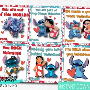 Cartes de Saint-Valentin Lilo et Stitch - Ensemble de 6 cartes - Activité scolaire en classe - Cartes de distribution de films familiaux hawaïens