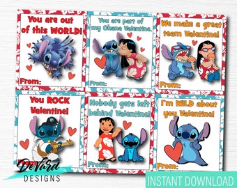 Lilo and Stitch Valentines Cards -Set of 6 Cards - Classroom School Activity- Hawaiian Family Movie Pass Out Cards