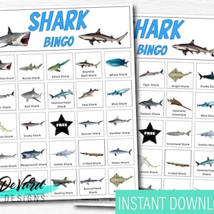 Jeu de bingo avec requin - lot de 15 cartes + cartes de visite - fête d'anniversaire d'enfants - thème requin de l'océan, créatures marines sous-marines - aquarium
