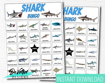 Shark Bingo Game: 15 Unique Cards, Ocean Theme (Digital Download)