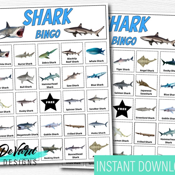 Shark Bingo Game- Set of 15 Cards + Call Cards - Kids Birthday Party- Ocean Shark Theme, Underwater Sea Creatures- Aquarium