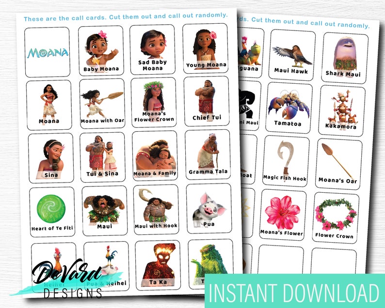 Moana Tropical Bingo Game-set of 15 Cards Birthday Party Activity Pool ...