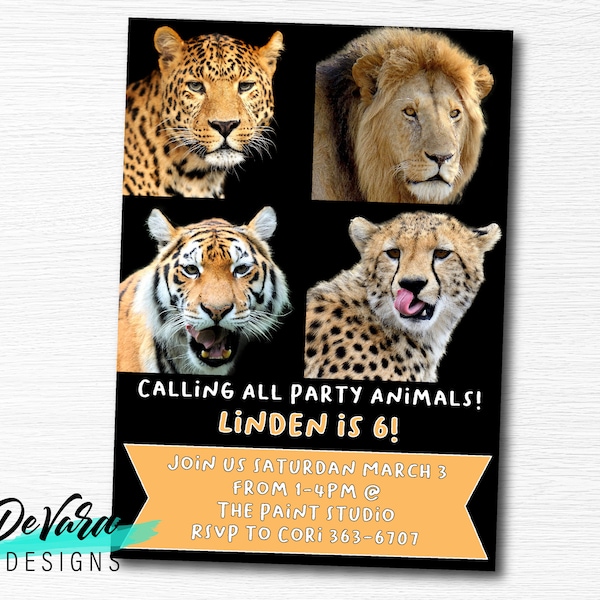 Wild Cat Invitation- Birthday Party- Big Cat Invite- Tiger, Lion, Cheetah, Jaguar- Jungle Party