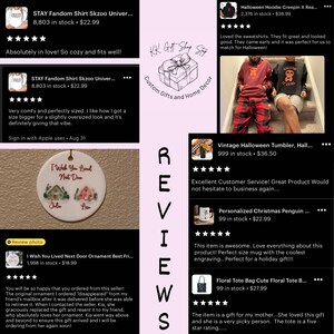 May include: A collage of product reviews for various items, including a black and white illustration of a house ornament, a mug with a penguin design, a tote bag with floral print, and a red and black hoodie. The reviews are positive and highlight the quality of the products and the excellent customer service.