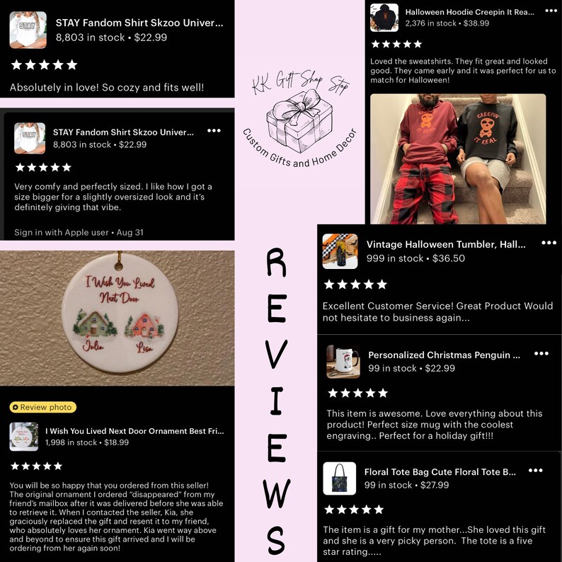 May include: A collage of product reviews for various items, including a black and white illustration of a house ornament, a mug with a penguin design, a tote bag with floral print, and a red and black hoodie. The reviews are positive and highlight the quality of the products and the excellent customer service.
