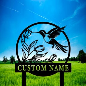Personalized Garden Metal Sign, HummingBird Metal Sign, Custom Garden Sign, Outdoor Yard Decor，Gardening Gifts, Garden Metal Sign With Stake