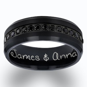 Engraved Black Tungsten Wedding Band with Beveled Edge - Personalized Text