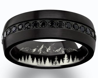 Inside Engraved Mountains Wedding Band, Inner Mountain Range Wedding Ring, Inside Mountain Range Engagement Ring, Beveled Edge Diamond Ring