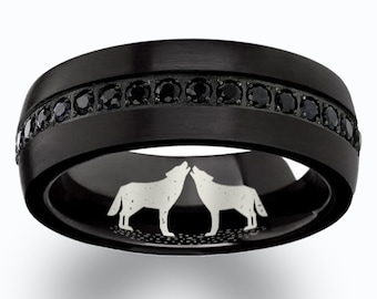 Inside Engraved Two Wolves Wedding Band, Inner Wolf Couple Wedding Ring, Inside Twin Wolf Engagement Ring, Beveled Edge Diamond Ring