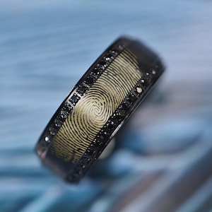 Personalized Fingerprint Engraved Tungsten Wedding Band with Diamond Edges