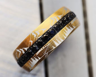 Engraved Mountain Tungsten Wedding Band: Black Diamond Ring, 8mm