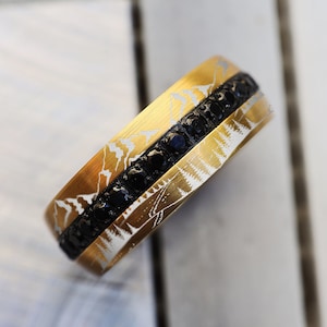 Mountain Wedding Band, Men&#39;s Mountain Ring, Nature Ring, Engraved Gold Ring with Black Diamonds - 8mm Wide | Multiple Colors Available