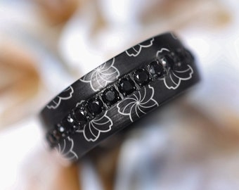 Sakura Flower Tungsten Wedding Band: Black Domed Ring, Engraved Floral Design