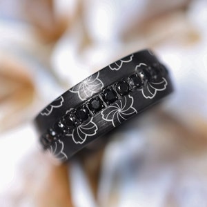 Sakura Flower Tungsten Wedding Band: Black Domed Ring, Engraved Floral Design