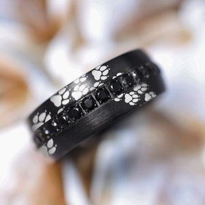 Paw Print Tungsten Wedding Band: Animal Lover Ring, 8mm Wide