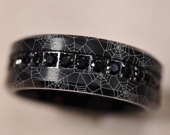 Spider Web Beveled Edge Black Tungsten Wedding Band, Cobweb Engagement Ring, Men&#39;s Black Diamond Wedding Ring, Spider Webs Wedding Ring