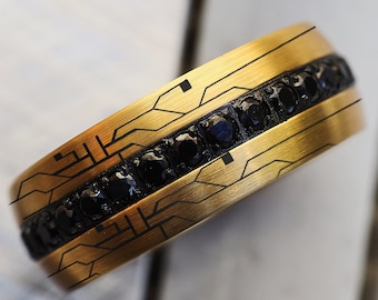 Gold Tungsten Circuit Board Wedding Band: Programmer Ring, Custom Engraving