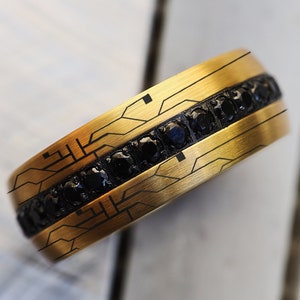 Gold Tungsten Circuit Board Wedding Band: Programmer Ring, Custom Engraving