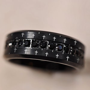 Christian Cross Flat Beveled Black Tungsten Wedding Band,  Jesus Cross Engagement Ring, Men&#39;s Black Diamond Wedding Ring, Cross Wedding Ring