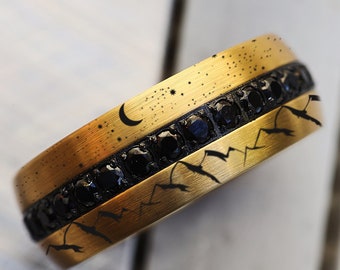 Nature Landscape Mountain Range Wedding Band, Stars and Mountains Engraved Ring, Moon Ring, Moon and Stars Wedding Ring, Moon Wedding Ring
