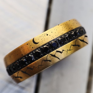 Engraved Mountain Range Tungsten Wedding Band: Moon & Stars Ring