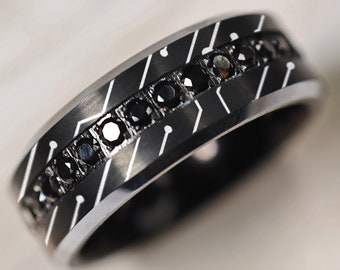 Circuit Board Black Tungsten Wedding Band with Black Diamonds