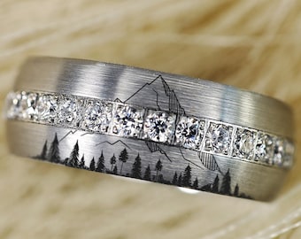Nature Landscape Mountain Range Wedding Band, Forest Engagement Ring, Trees Ring, Moon and Stars Wedding Ring, Moon Wedding Ring, Tree Ring