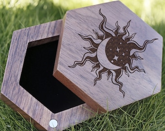 Sun & Moon Wedding Ring Box: Engraved Black Walnut Keepsake