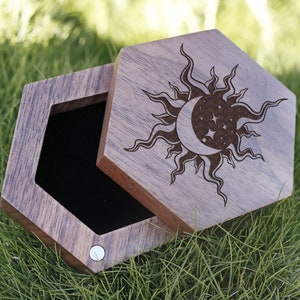 Sun & Moon Wedding Ring Box: Engraved Black Walnut Keepsake
