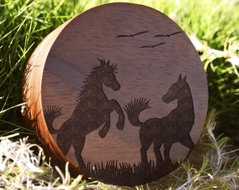 Engraved Black Walnut Horse Wedding Ring Box: Equestrian Gift