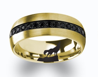 Engraved Howling Wolf Tungsten Wedding Band with Black Diamonds