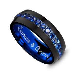 Inside Engraved Wedding Band, Text Engraved Wedding Ring, Inner Text Engagement Ring, Domed Blue Diamond Ring, Text Men&#39;s Wedding Band