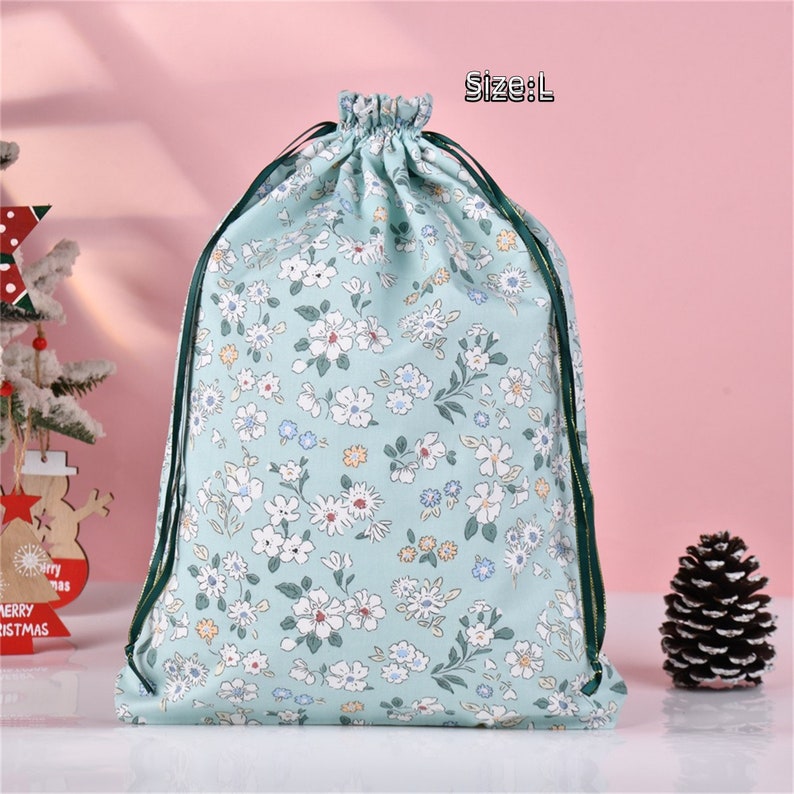 S/M/L Flowers Gift Bag, Light Green Cotton Gift Tote, Reusable Drawstring Storage Bag, Premium Quality Fabric Bag, Wedding/Mother's Day Gift Size-L