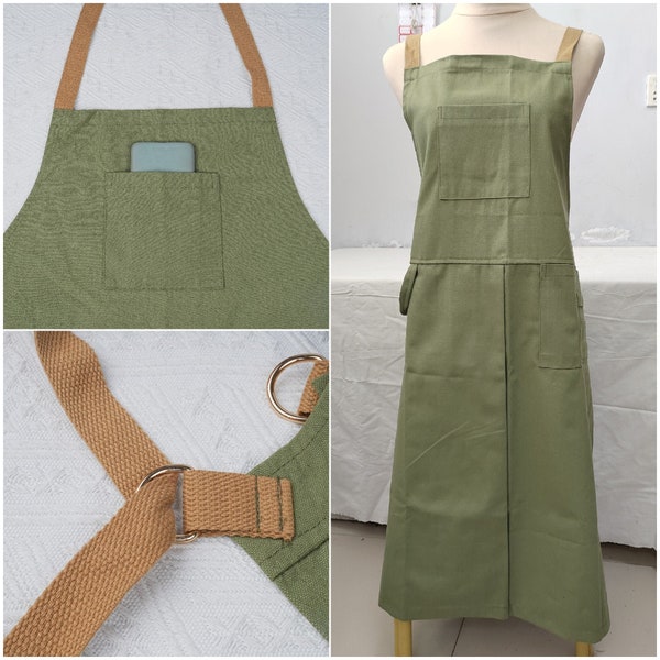 NEW! Handmade Canvas Apron with Multiple Pockets&Towel Loop, Adjustable Crossback Apron, Split Leg Work Apron, Mother's Day Gift