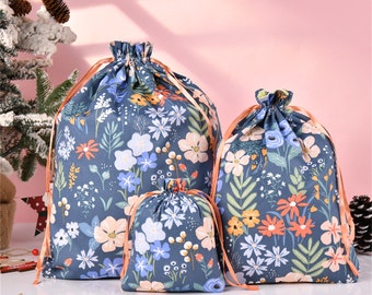 Floral Gift Bag,L/M/S Birthday Gift Tote,Durable Layers Drawstring Storage Bag,Cotton Fabric Premium Quality Packaging, Mother's Day Gift