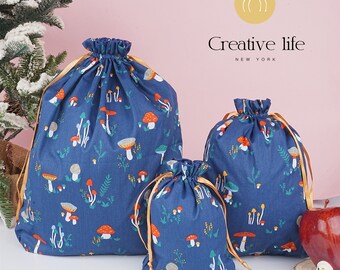 S/M/L Handmade Mushroom Gift Bags, Blue Drawstring Storage Bag, Spring Decoration Gift Wrap, Premium Quality Holiday Gift Bag