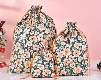 L/M/S Flowers Gift Bags, Birthday Gift Decor,Durable Drawstring Storage Bag,Cute Fabric Gift Tote, Quality Cotton Bag, Mother's Day Gift