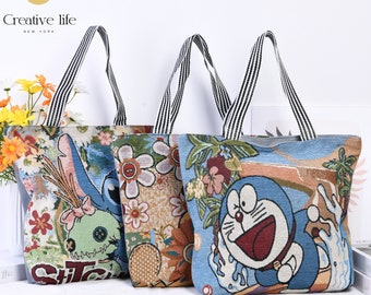 NEW! Handmade Cartoon Canvas Embroidered Tote Bag, Kawaii Anime Doraemon Stitch Winnie Bag, Premium Quality Large Tote, Birthday Gift