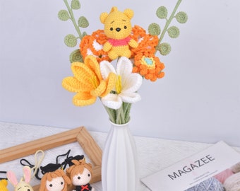 Handmade Winnie the Pooh Crochet Bouquet, Pooh and Friends, Knit Carnations|Tulip|Daisy|Gerbera|Eucalyptus, Pooh Lovers Gift, Autumn Bouquet
