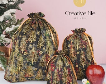 S/M/L Handmade Golden Tree Gift Bags, Bronzing Black Gift Bag, Drawstring Storage Bag, Xmas Decoration, Premium Quality Holiday Gift