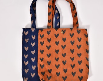 Handmade Heart Corduroy Tote Bag with Button, Shopping Bag, Spring Corduroy Shoulder Bags, Love Pattern Bag for Women, Mother's Day Gift