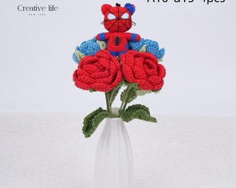 NEW! Handmade Kitty Spider-Man Crochet Doll Bouquet for Birthday Gift, Knitted Rose Flowers&Spider-Man Dolls for Men, Mother's Day Gift